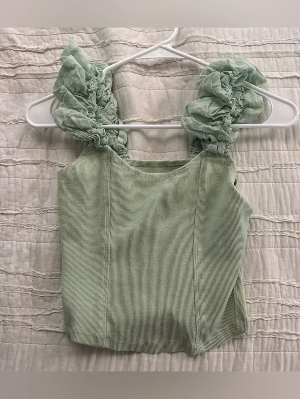 Anthropology Green Ruffle Strap Tank Top - Light Sage
